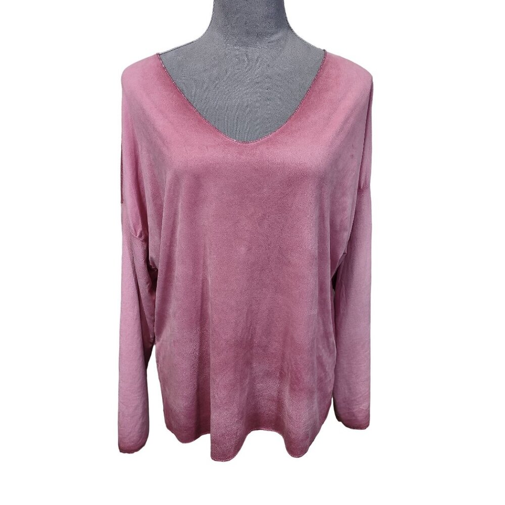 Amati Womens Faux Suede Top Pink Plush Vneck Blouse Metallic Trim Plus Size 1X